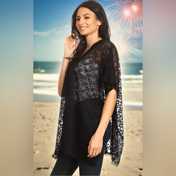 NEW Womens 4th of July Star Print Black Lace Swimsuit Cover Up Kimono Top - Picture 3 of 5